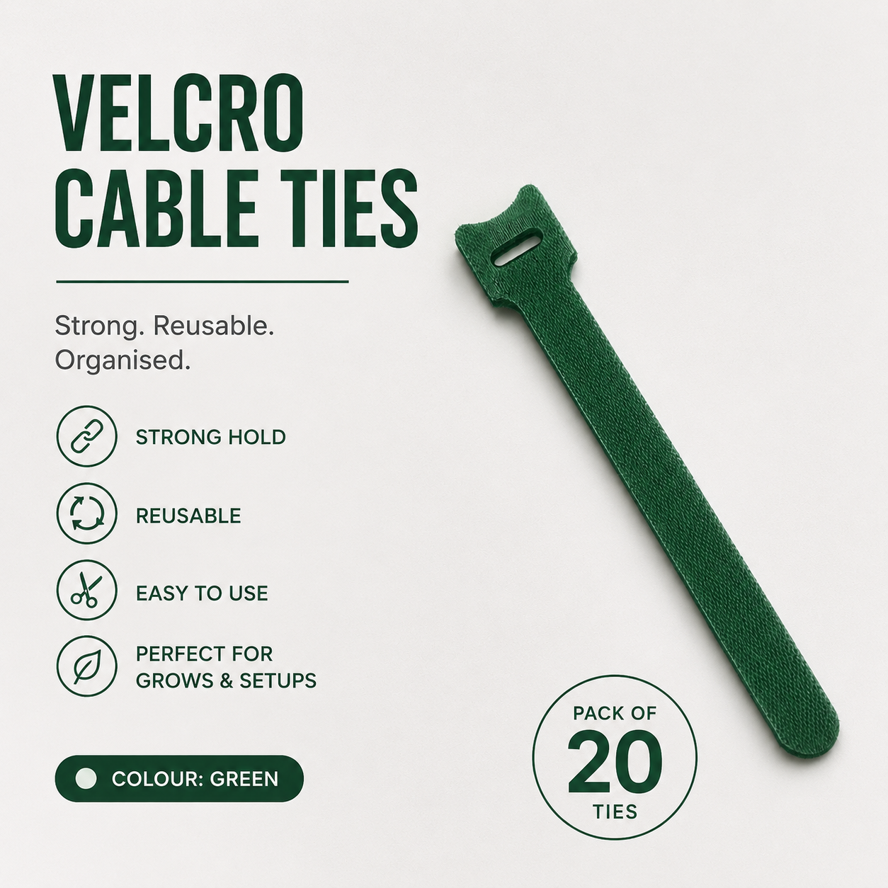 Velcro Cable Tie - Green - Pack of 20