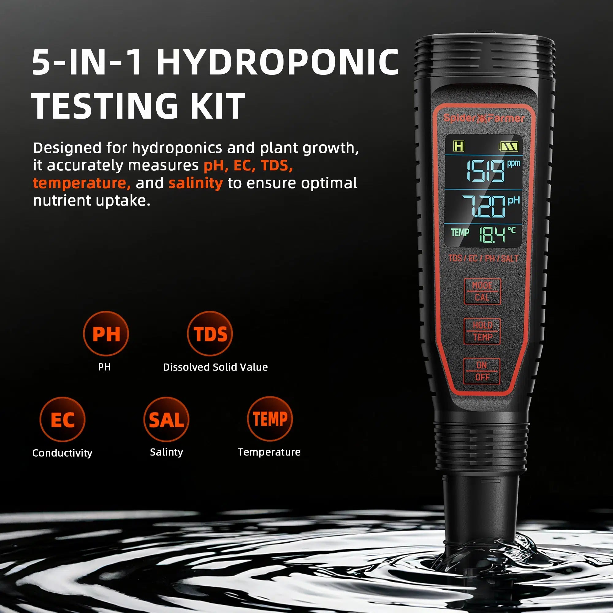 Spider Farmer 5-in-1 Digital pH & EC Meter Pen